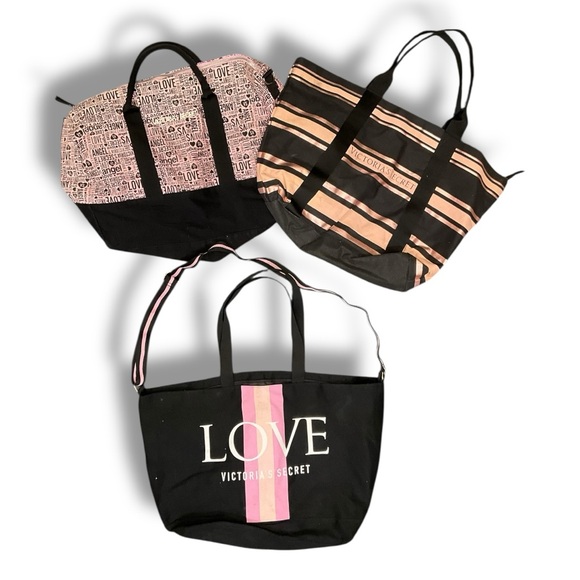 Victoria's Secret Handbags - 🖤 Victoria’s Secret Tote Bundle | 3-Piece “LOVE” Travel + Stripe Canvas Bag Set